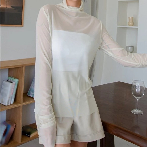 Beige Cowl Neck Mesh Long Sleeve Top Sz XL (6) - Picture 8 of 10